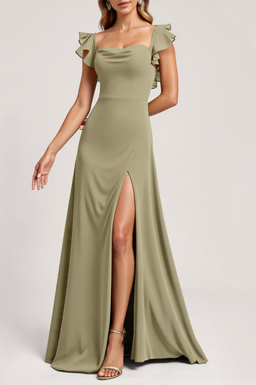 Ruffled A Line Olive Bridesmaid Dress with Slit